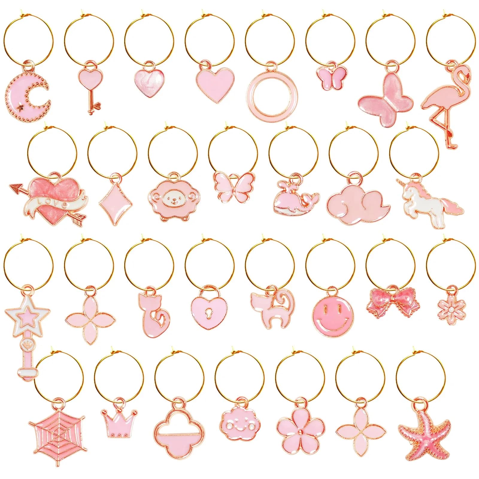 Macepason 24 Pieces Glass Charms & Markers | Assorted Designs for Parties & Holidays — Pink