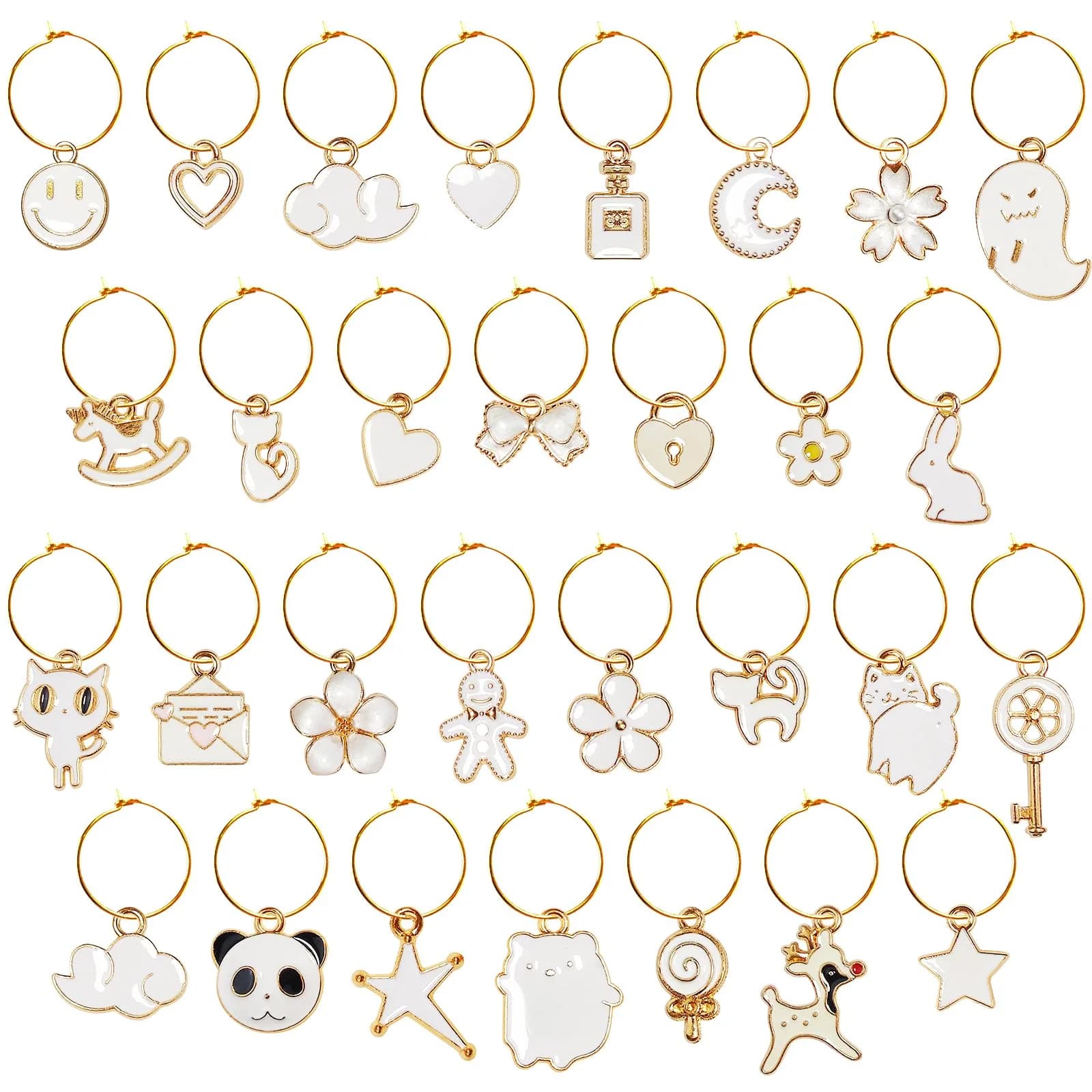 Macepason 24 Pieces Glass Charms & Markers | Assorted Designs for Parties & Holidays — White