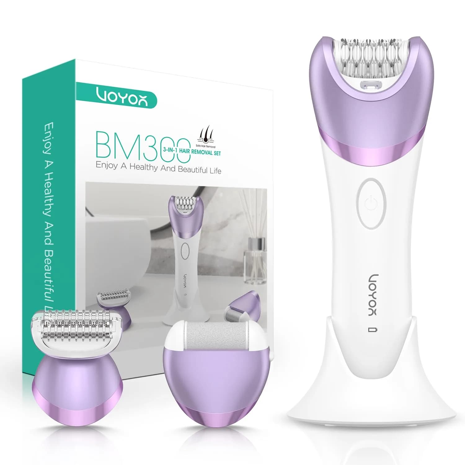 VOYOR BM300 Epilator for Women, Cordless Rechargeable Wet & Dry Hair Removal Device with 30 Tweezers & 3 Heads (Purple)