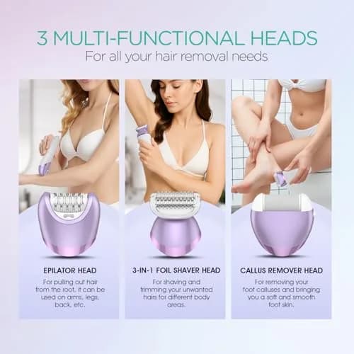 VOYOR BM300 Epilator for Women, Cordless Rechargeable Wet & Dry Hair Removal Device with 30 Tweezers & 3 Heads (Purple) thumbnail 6