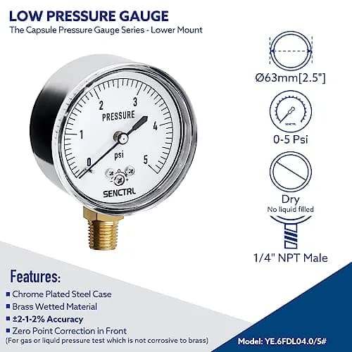 senctrl Pressure Gauge 0-5 psi | Capsule System, Chrome Steel Durability thumbnail 2