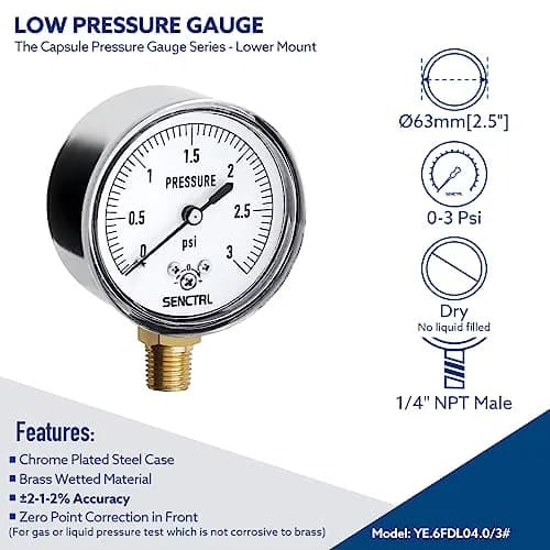 senctrl Pressure Gauge, 0-3 psi, Chrome Steel, 1/4" NPT Lower Mount | Low Pressure Test Tool thumbnail 2