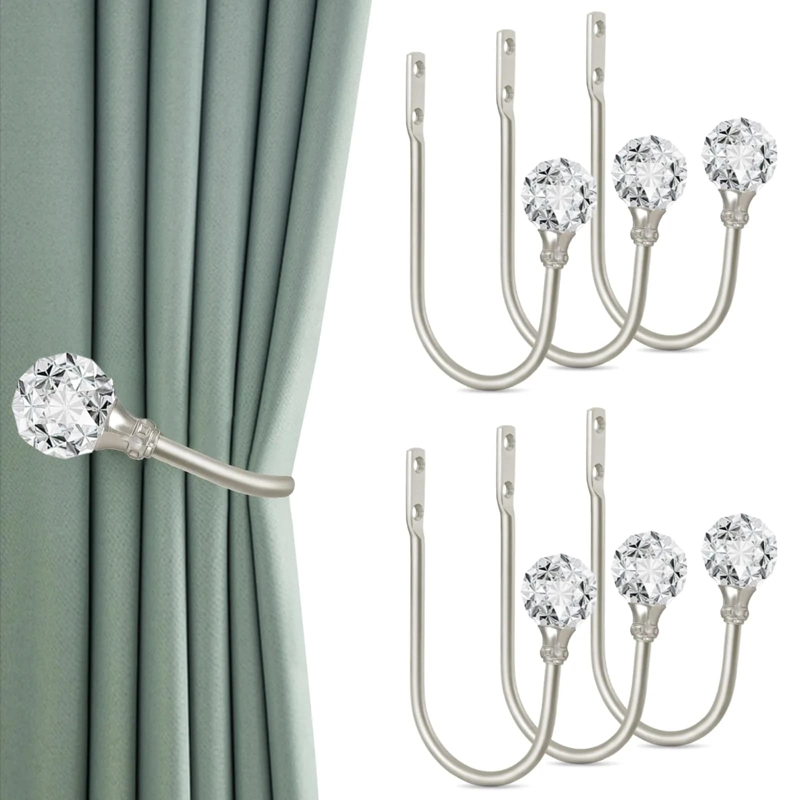 KOLAKO Crystal Curtain Holdbacks, 6 Pack Silver Metal Drapery Tiebacks with Clear Crystal Ball | U-Shaped Wall Mounted Hooks for Drapes - main product image