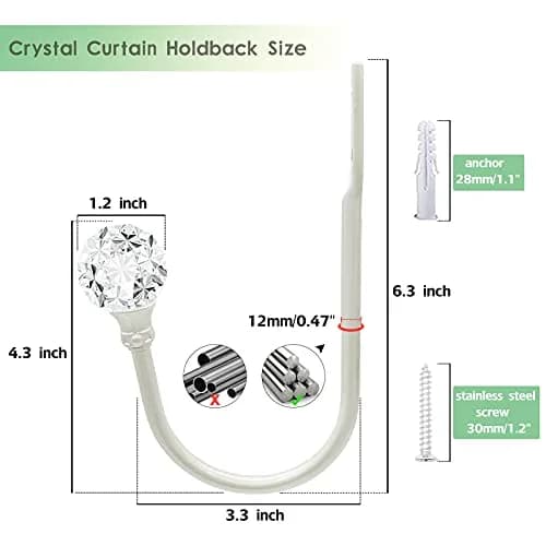 KOLAKO Crystal Curtain Holdbacks, 6 Pack Silver Metal Drapery Tiebacks with Clear Crystal Ball | U-Shaped Wall Mounted Hooks for Drapes thumbnail 2