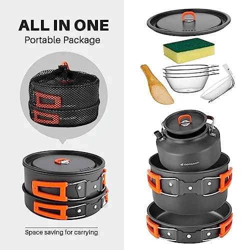 Odoland Camping Cookware Set 10pcs | Lightweight Aluminum Pots & Pans for Outdoor Cooking thumbnail 2