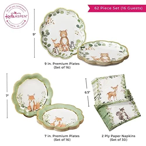 Kate Aspen Woodland Baby Shower Decorations, 62-Piece Disposable Paper Plates & Napkins for 16 Guests | Woodland Animals Theme thumbnail 9