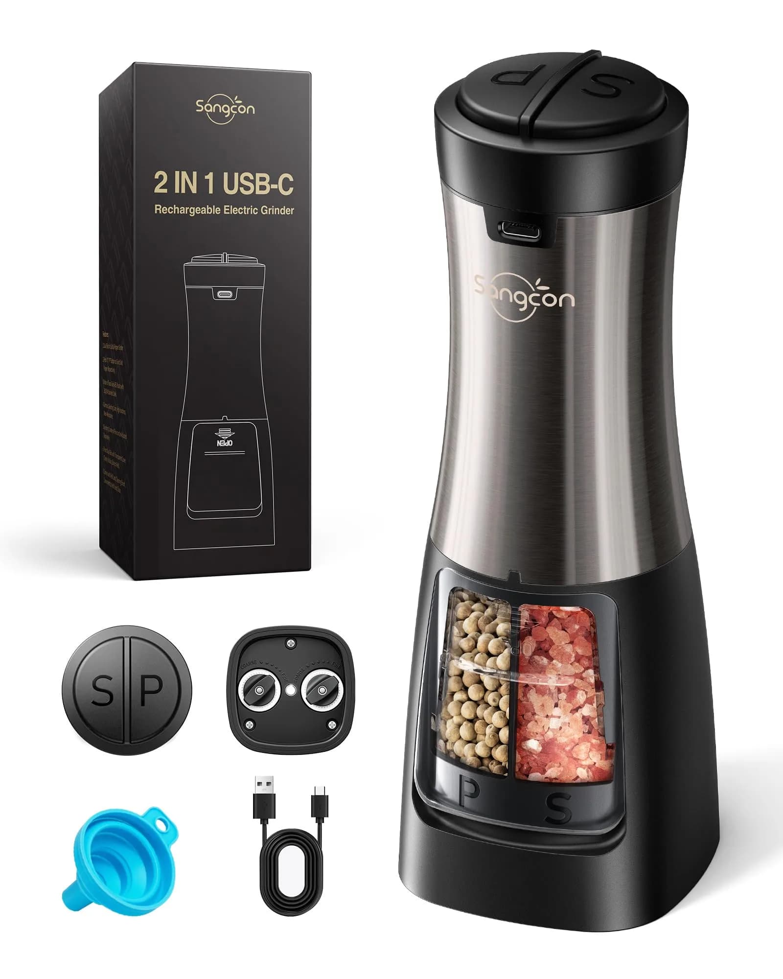 Sangcon 2-in-1 Rechargeable Electric Salt and Pepper Grinder Set | USB-C, Ceramic Grinders, Gunmetal Classic