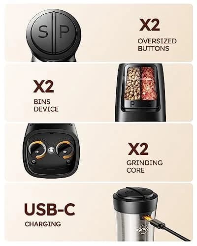 Sangcon 2-in-1 Rechargeable Electric Salt and Pepper Grinder Set | USB-C, Ceramic Grinders, Gunmetal Classic thumbnail 4