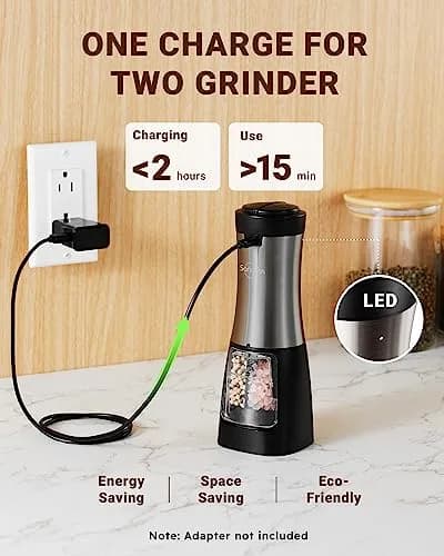 Sangcon 2-in-1 Rechargeable Electric Salt and Pepper Grinder Set | USB-C, Ceramic Grinders, Gunmetal Classic thumbnail 3