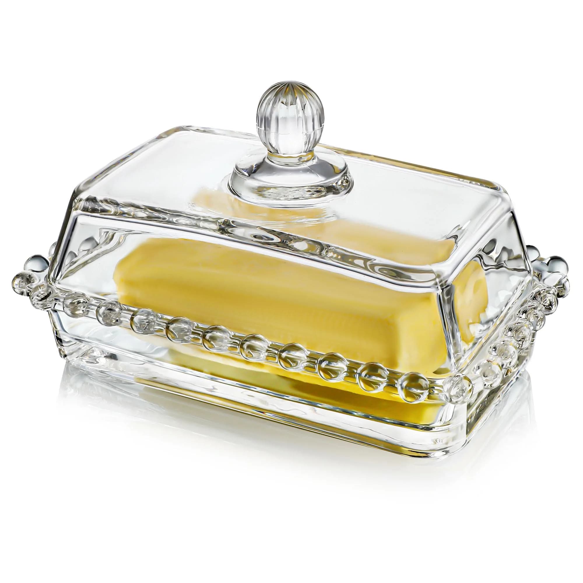 QFkris 6.5'' Clear Glass Butter Dish with Handled Lid | Microwave & Dishwasher Safe - main product image