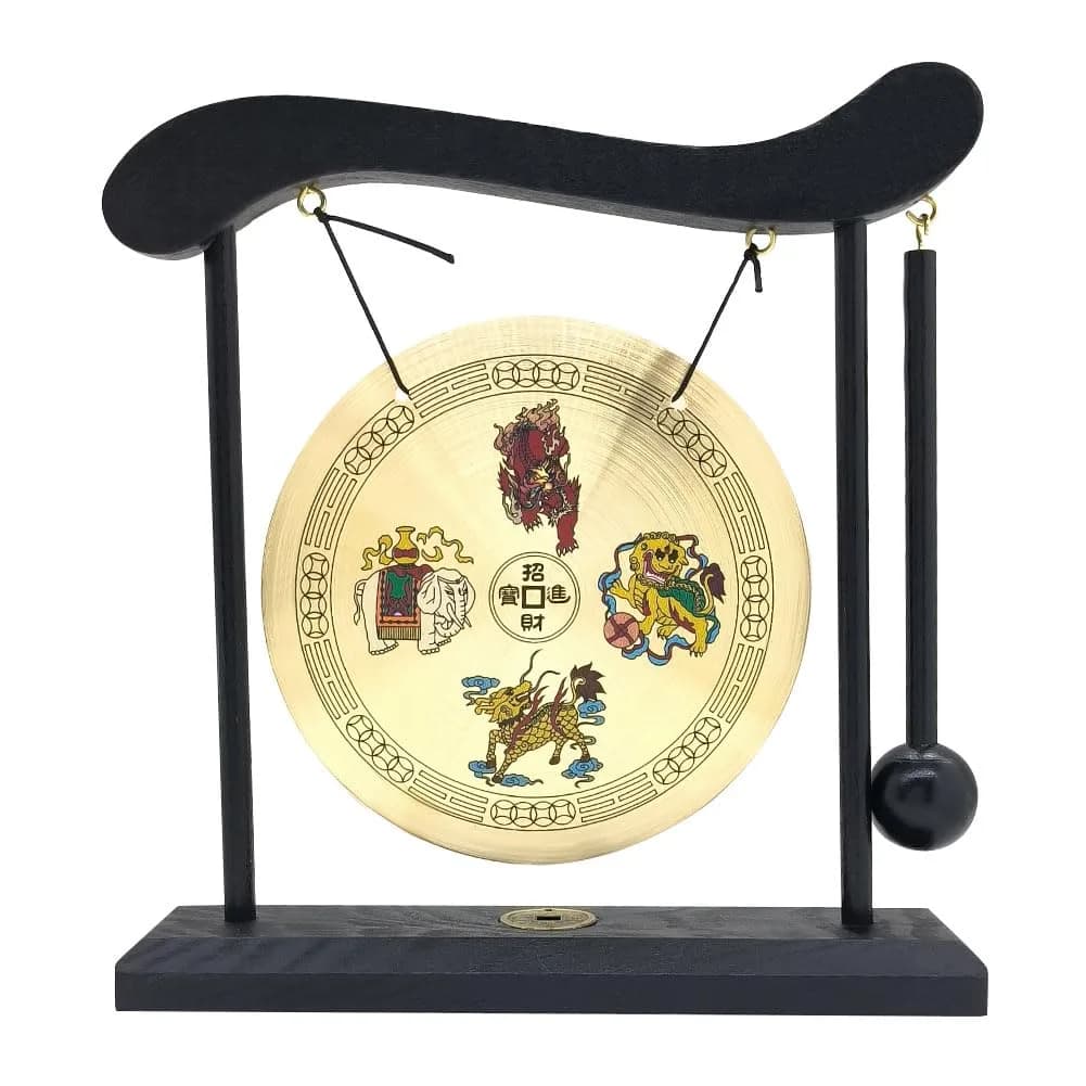 Hooshing Brass Gong Desktop Zen Art Feng Shui Decor with Wooden Stand, 19cm (7.5") | Soothing Sound for Meditation — Four Divine Beasts