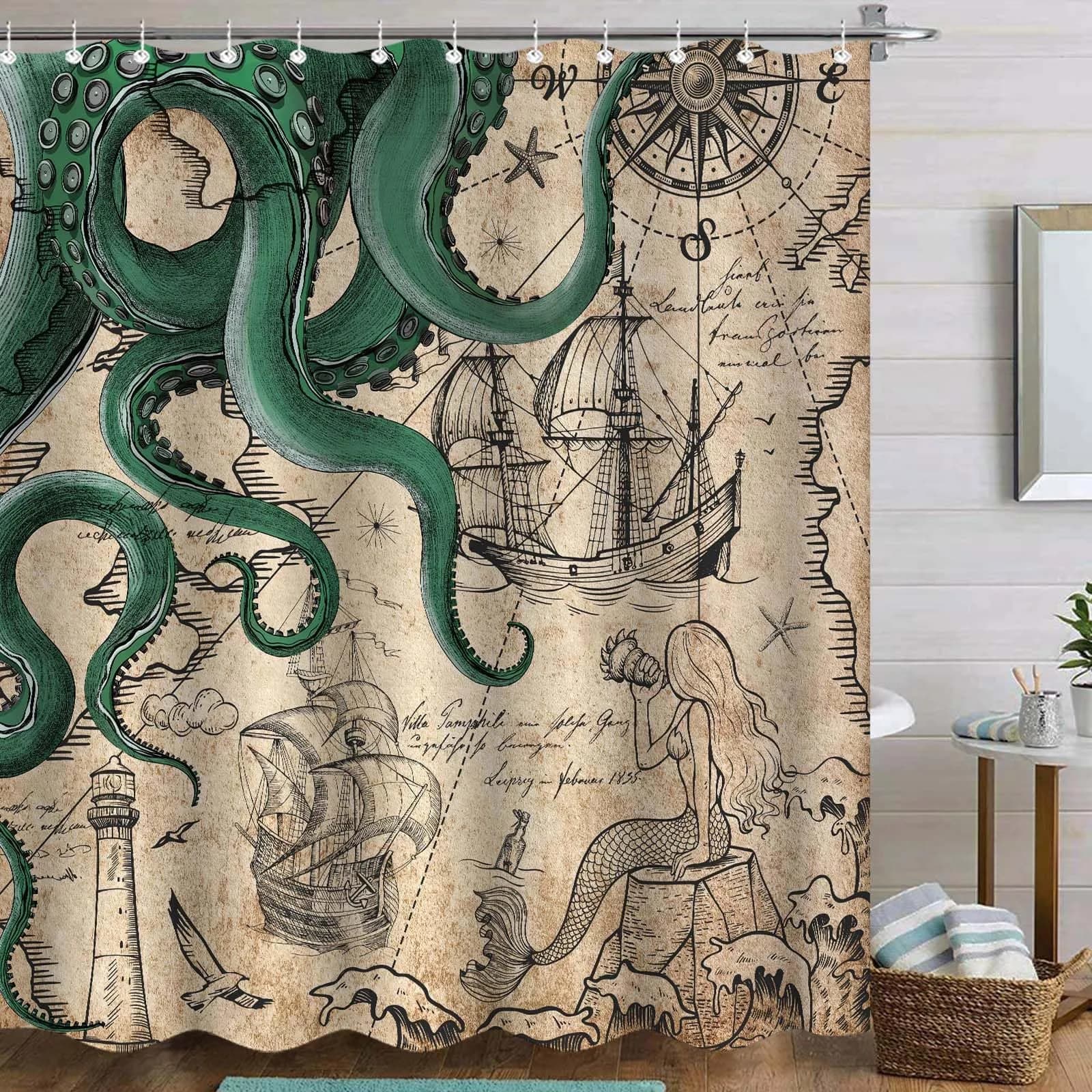 Fungarth Vintage Green Nautical Octopus Shower Curtain 72" x 72" | Waterproof Fabric with Metal Grommets - main product image