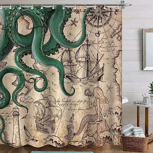 Fungarth Vintage Green Nautical Octopus Shower Curtain 72" x 72" | Waterproof Fabric with Metal Grommets thumbnail 1
