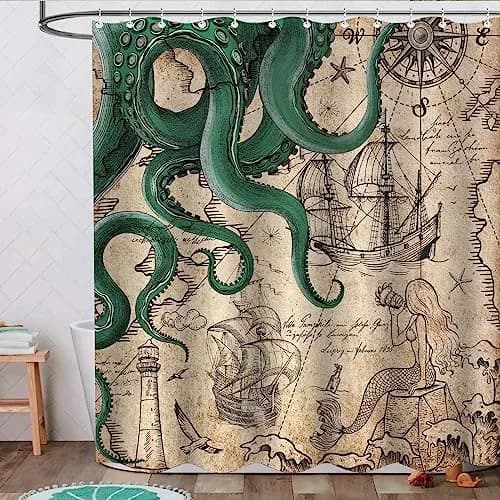 Fungarth Vintage Green Nautical Octopus Shower Curtain 72" x 72" | Waterproof Fabric with Metal Grommets thumbnail 4