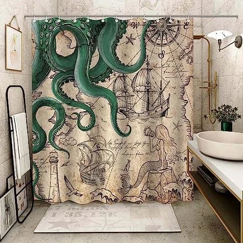 Fungarth Vintage Green Nautical Octopus Shower Curtain 72" x 72" | Waterproof Fabric with Metal Grommets thumbnail 5