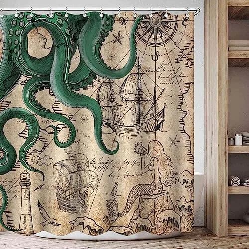 Fungarth Vintage Green Nautical Octopus Shower Curtain 72" x 72" | Waterproof Fabric with Metal Grommets thumbnail 6