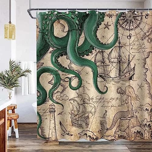 Fungarth Vintage Green Nautical Octopus Shower Curtain 72" x 72" | Waterproof Fabric with Metal Grommets thumbnail 2