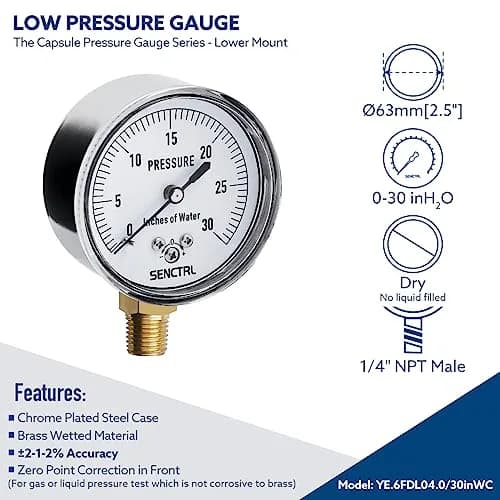 senctrl 0-30 inH2O Low Pressure Capsule Gauge, 2-1/2" Dial, 1/4" NPT Lower Mount, Zero Adjustment | Durable Chrome Steel thumbnail 2