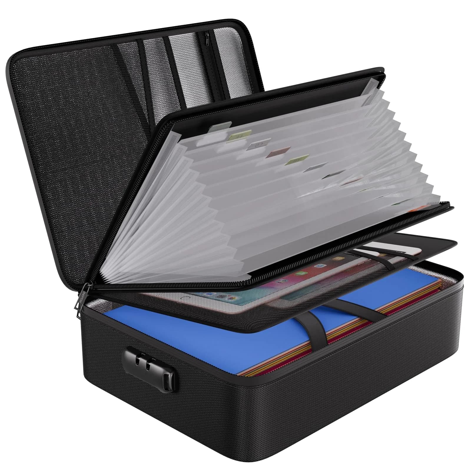 ENGPOW Fireproof File Organizer Bag with 13 Pockets Accordion File Folder & Lock, 1.38 kg (3 lb) | Protects Documents Up to 5200°F — Black / 13 Pockets