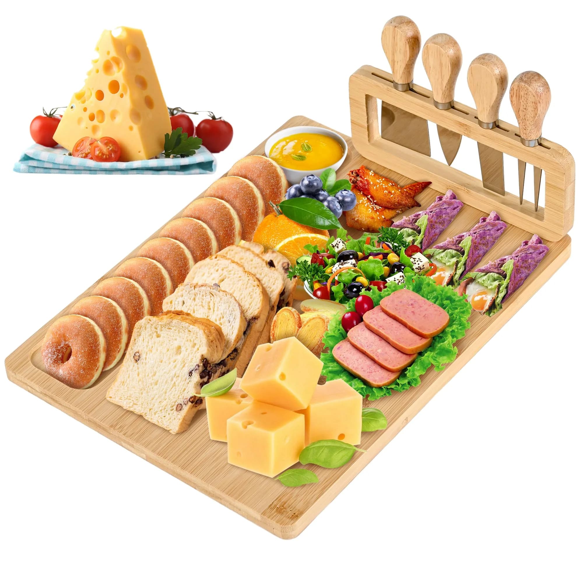 Lexda Bamboo Cheese Board and Knife Set | Large Charcuterie Platter with 4 Knives (13.8" x 11") - main product image