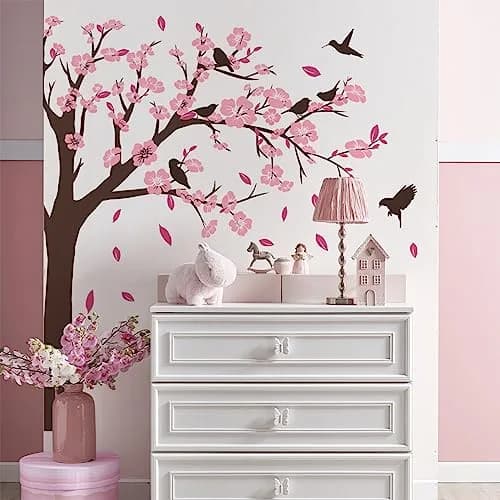 BWCXXZH Pink Flower Tree Wall Stickers | Removable 3D Peach Blossom Murals for Girls Bedroom & Nursery thumbnail 7