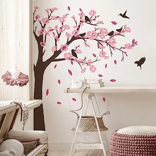 BWCXXZH Pink Flower Tree Wall Stickers | Removable 3D Peach Blossom Murals for Girls Bedroom & Nursery thumbnail 2