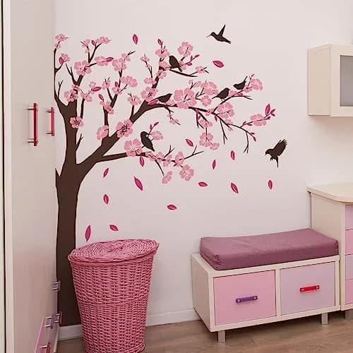 BWCXXZH Pink Flower Tree Wall Stickers | Removable 3D Peach Blossom Murals for Girls Bedroom & Nursery thumbnail 3