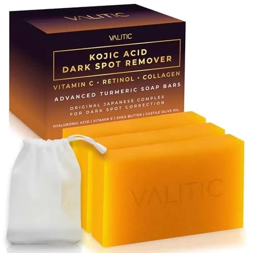 VALITIC Kojic Acid Dark Spot Corrector Soap Bars with Vitamin C, Retinol, Collagen, Turmeric - Original Japanese Complex - Hyaluronic Acid, Vitamin E, Shea Butter, Castile Olive Oil - 3 Pack With Bag | 300g (10.5 oz) | For Face & Body thumbnail 1