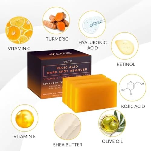 VALITIC Kojic Acid Dark Spot Corrector Soap Bars with Vitamin C, Retinol, Collagen, Turmeric - Original Japanese Complex - Hyaluronic Acid, Vitamin E, Shea Butter, Castile Olive Oil - 3 Pack With Bag | 300g (10.5 oz) | For Face & Body thumbnail 5