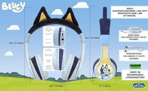 eKids Bluey Bluetooth Headphones for Kids, Volume Reduced Wireless On-Ear Headphones with Microphone | Safe Listening thumbnail 4