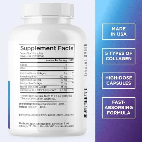 DR. EMIL NUTRITION Multi Hydrolyzed Collagen 180 Capsules | Types I, II, III, V & X for Full-Body Support thumbnail 2