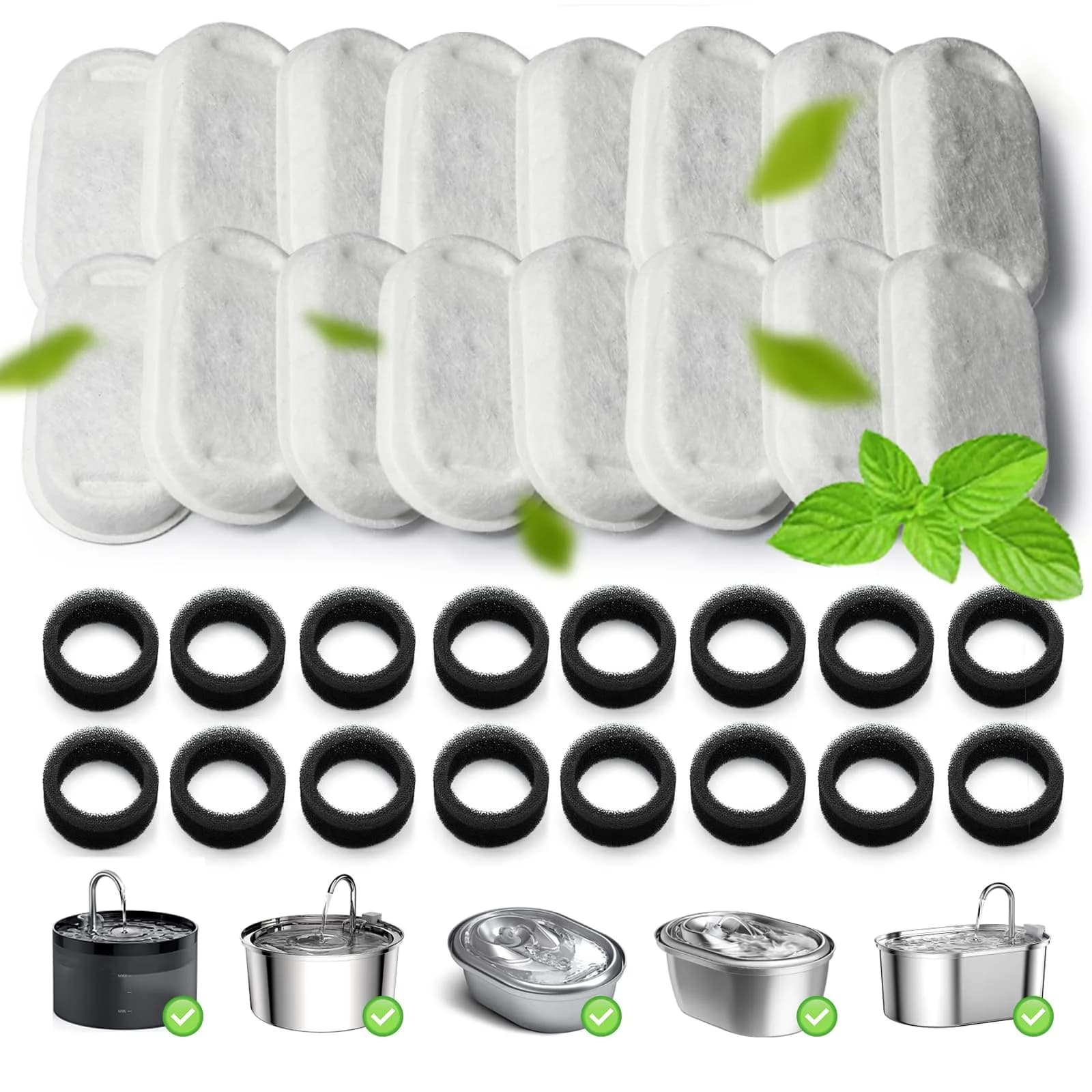KANCHOU Cat Water Fountain Filter 32Pcs for 101oz/3L Stainless Steel Pet Fountain | 16 Filters + 16 Sponges