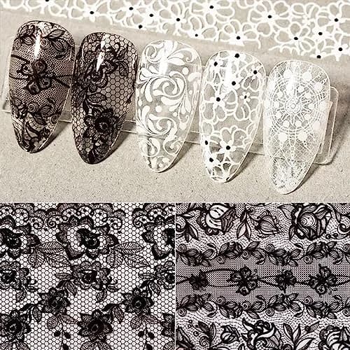 SILPECWEE 20 Rolls Lace Nail Foil White and Black Flower Nail Art Transfer Foils | Holographic Mermaid Designs for DIY Acrylic Nails thumbnail 5