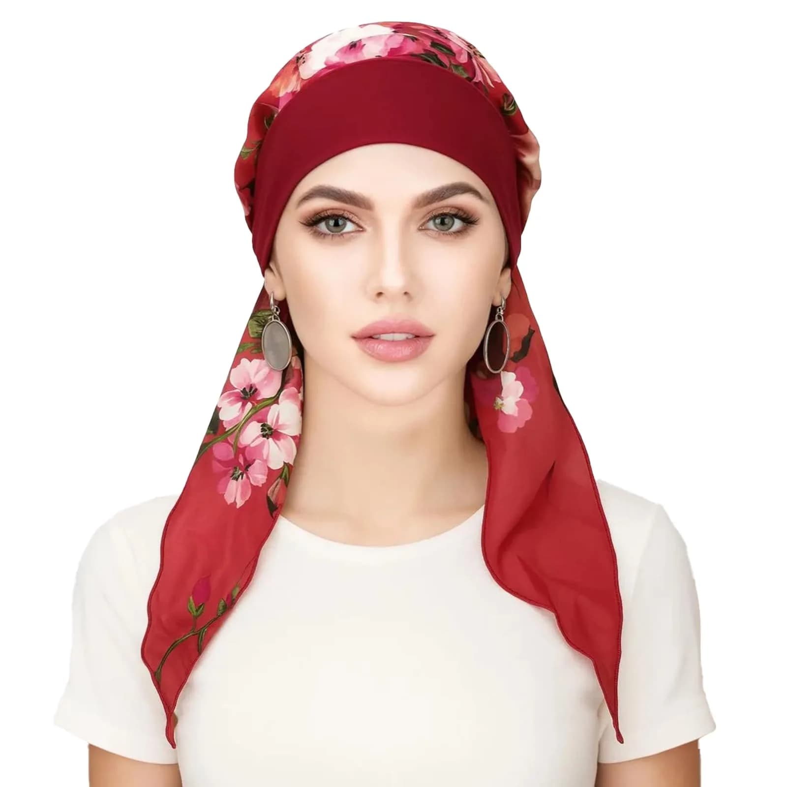 FADACHY Chemo Turban with Head Scarf for Women, Floral Red, One Size (40g) | Comfortable Headwear for Hair Loss - main product image