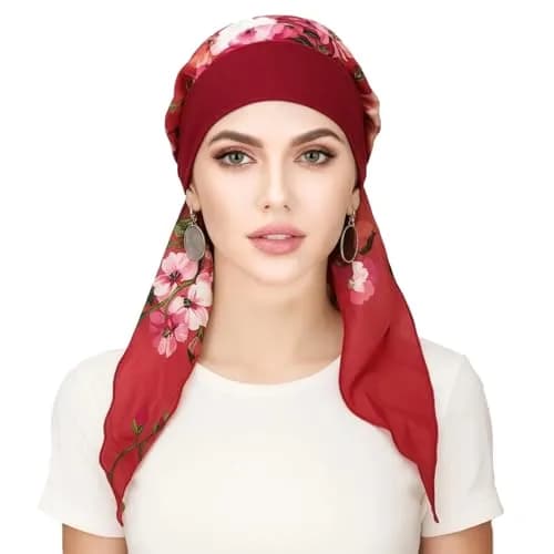 FADACHY Chemo Turban with Head Scarf for Women, Floral Red, One Size (40g) | Comfortable Headwear for Hair Loss thumbnail 1