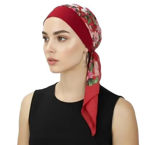 FADACHY Chemo Turban with Head Scarf for Women, Floral Red, One Size (40g) | Comfortable Headwear for Hair Loss thumbnail 2