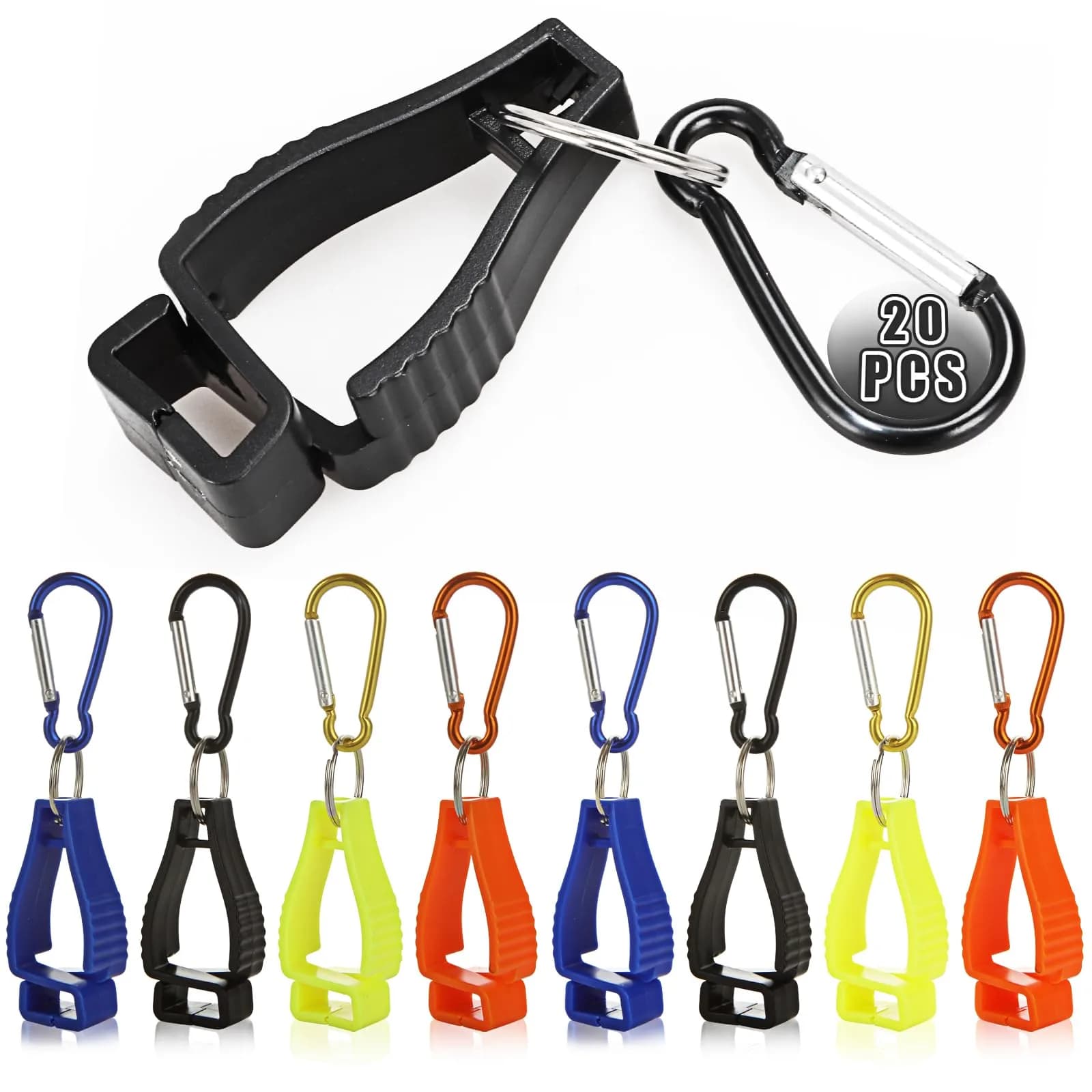 FVIEXE 20PCS Glove Clips with Metal Carabiner & Plastic Grip | Black & Orange — Blue, Black, Orange, Yellow