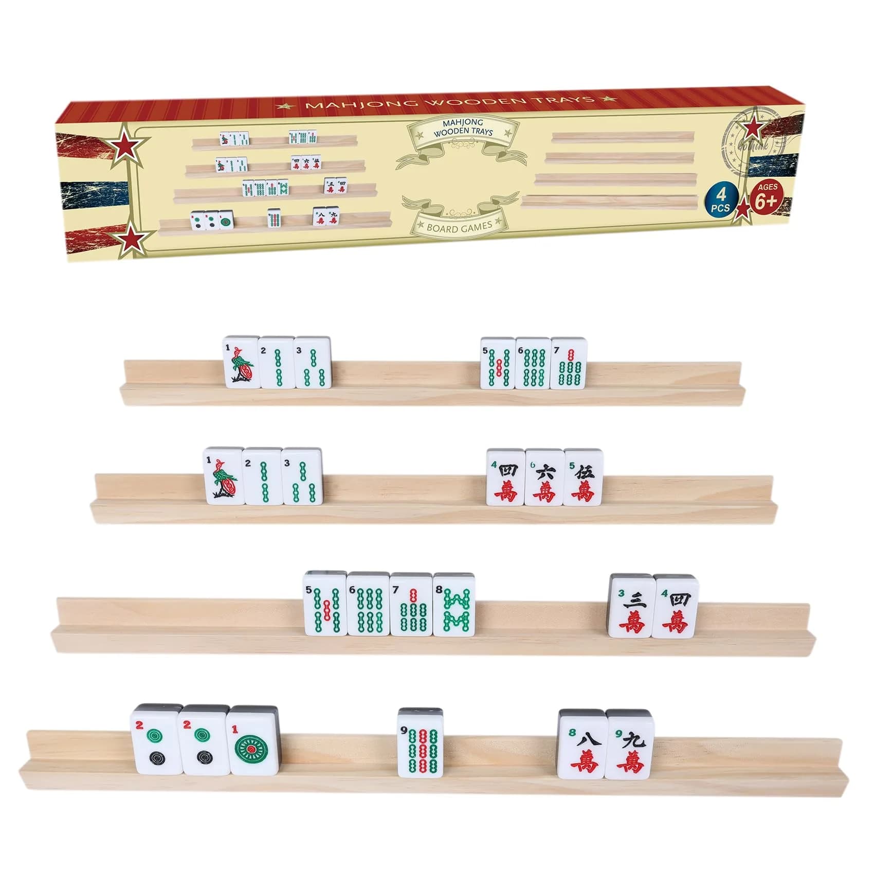 GOTHINK Wooden Mahjong Tiles Racks Set of 4 | Premium Pine, 17x1.2x0.8 inches, Organize & Focus
