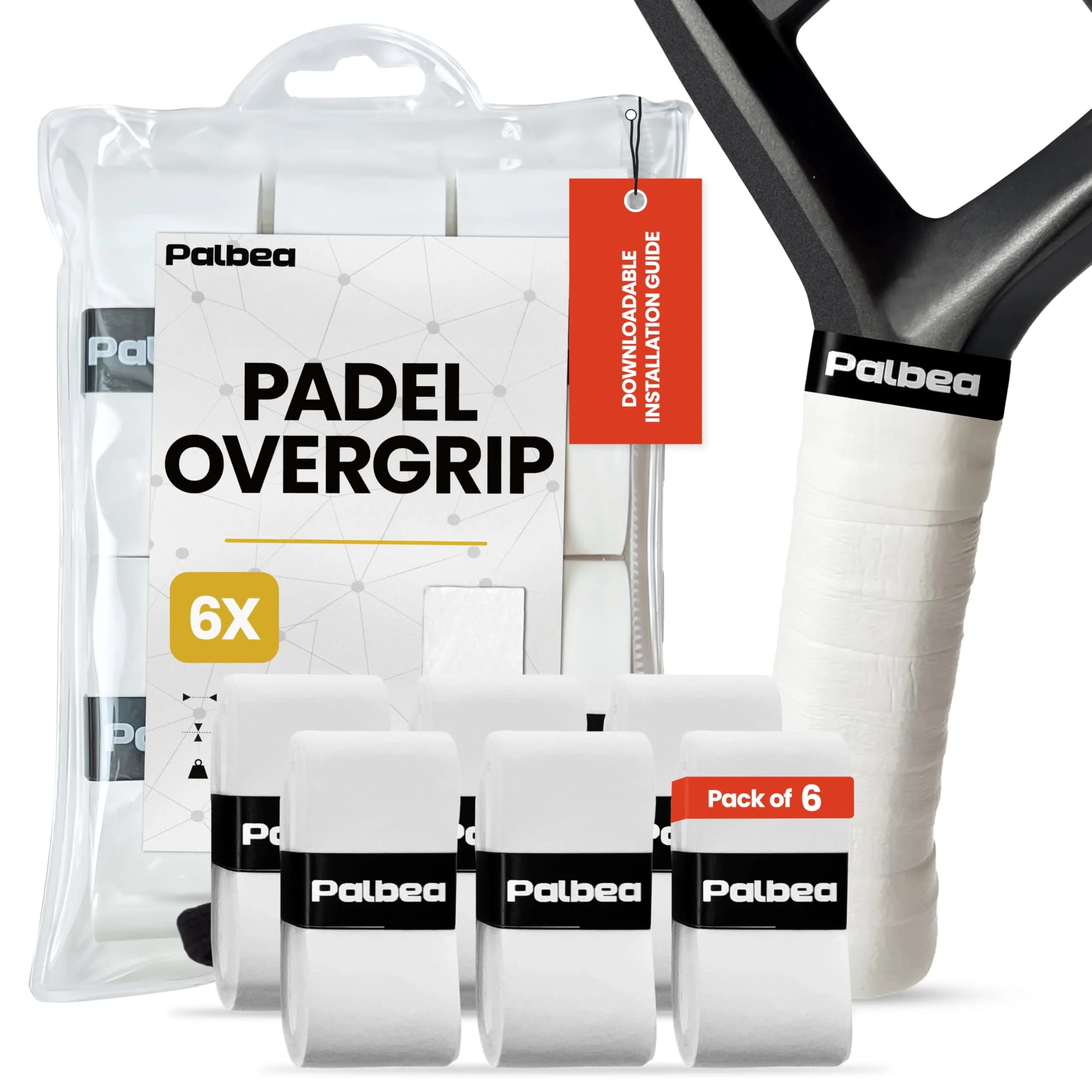 Palbea Padel Racket Grip Tape 60-Pack White | Sweat-Absorbent, Non-Slip, Enhanced Comfort — 6-Pack
