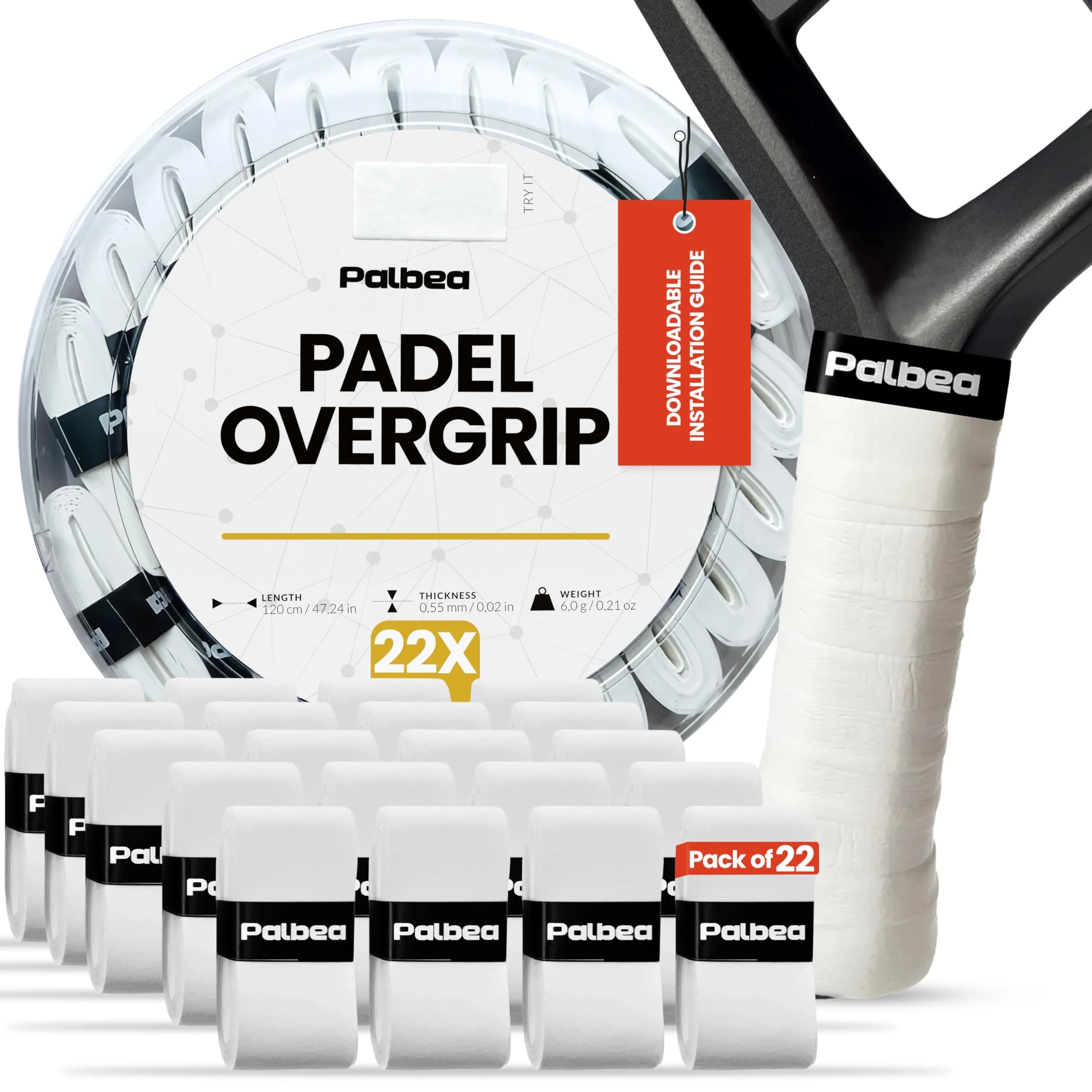 Palbea Padel Racket Grip Tape - 22 Pack White | Sweat-Absorbent & Anti-Slip for Padel & Tennis