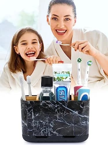 GFWARE Marble Toothbrush Holder with 5 Slots & Drainage, Large Countertop Organizer | Bathroom & Vanity Stand thumbnail 3