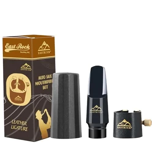 EASTROCK Alto Saxophone Mouthpiece Kit with Leather Ligature & Cap, Black | Professional Musical Instrument Accessory for Beginners & Musicians thumbnail 1
