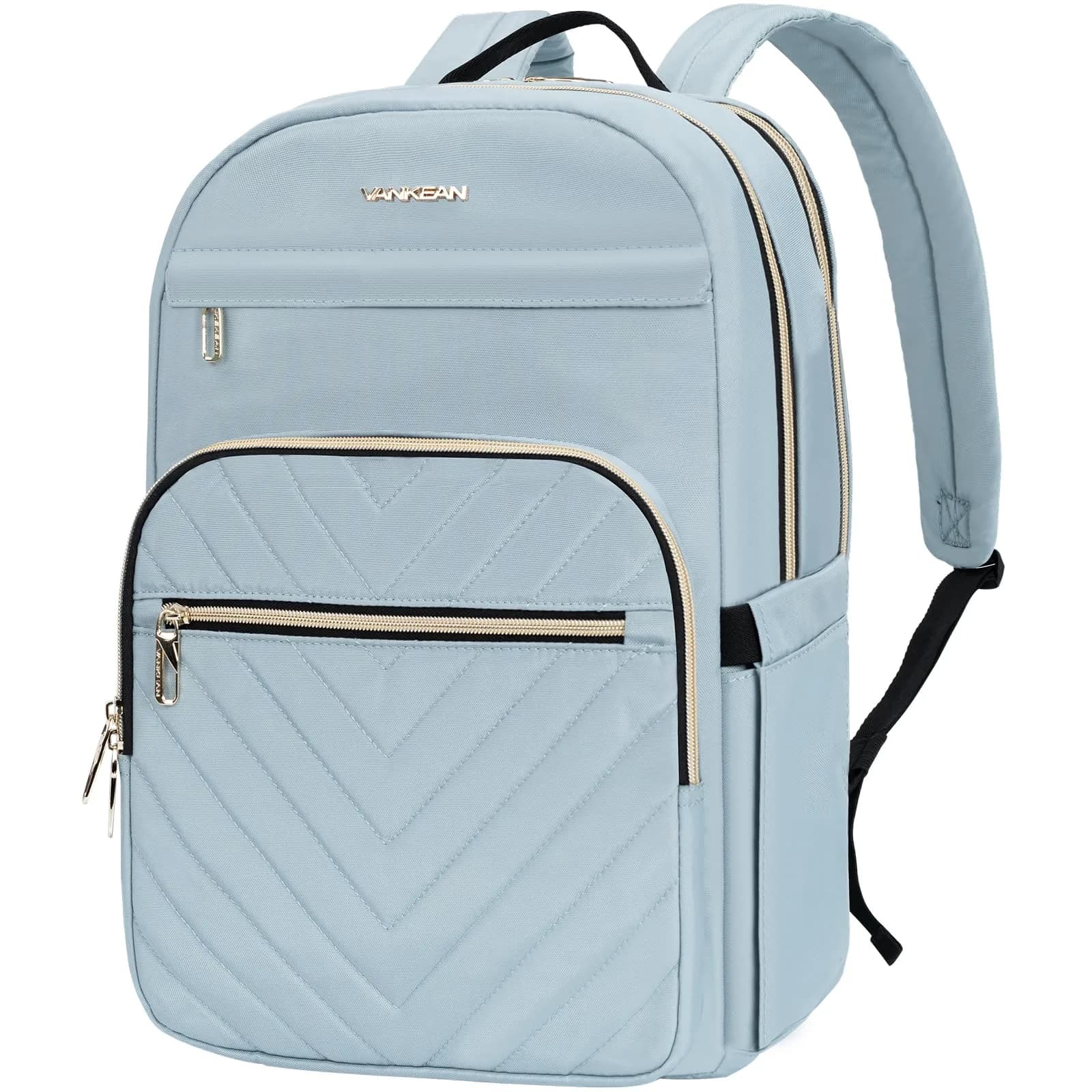 VANKEAN 15.6 Inch Laptop Backpack for Women Large Capacity Beige-coffee | Water Resistant Travel Bag — Quilted Light Blue