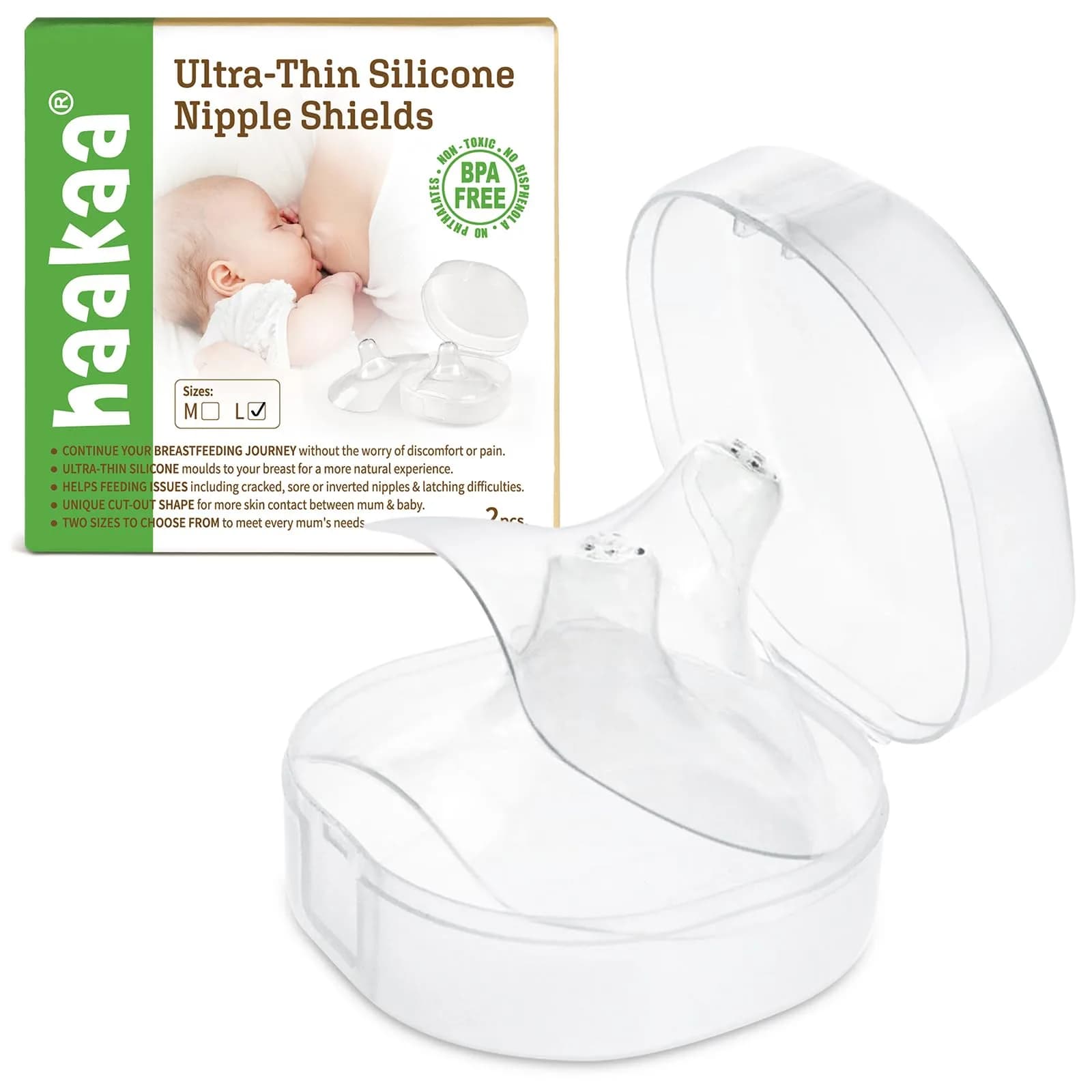 haakaa Nipple Shields for Nursing with Storage Case, 24mm (0.85 Fl Oz) | Ultra-Thin Food-Grade Silicone for Latch Issues — 24mm