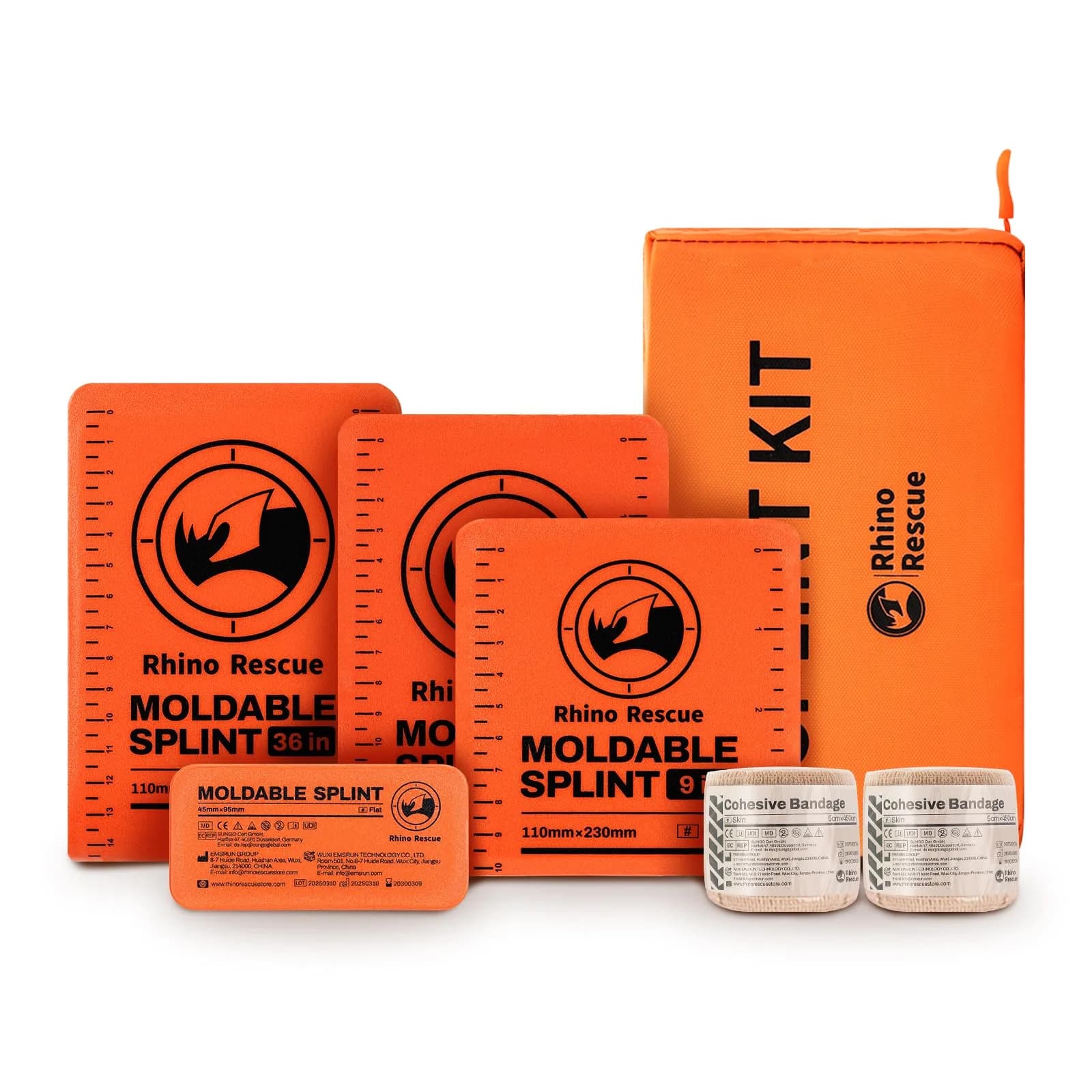 RHINO RESCUE 4-Size Moldable First Aid Splint Kit, Orange-Gray | Durable, Compact & Supportive for Emergency Use - main product image