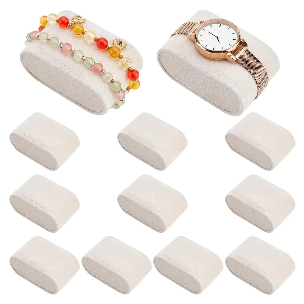 PH PandaHall 12pcs Velvet Bracelet Pillows 1.3x2.8x1.7 in | Jewelry Display Support — Beige-12pcs / 2.8×1.8×1.5"