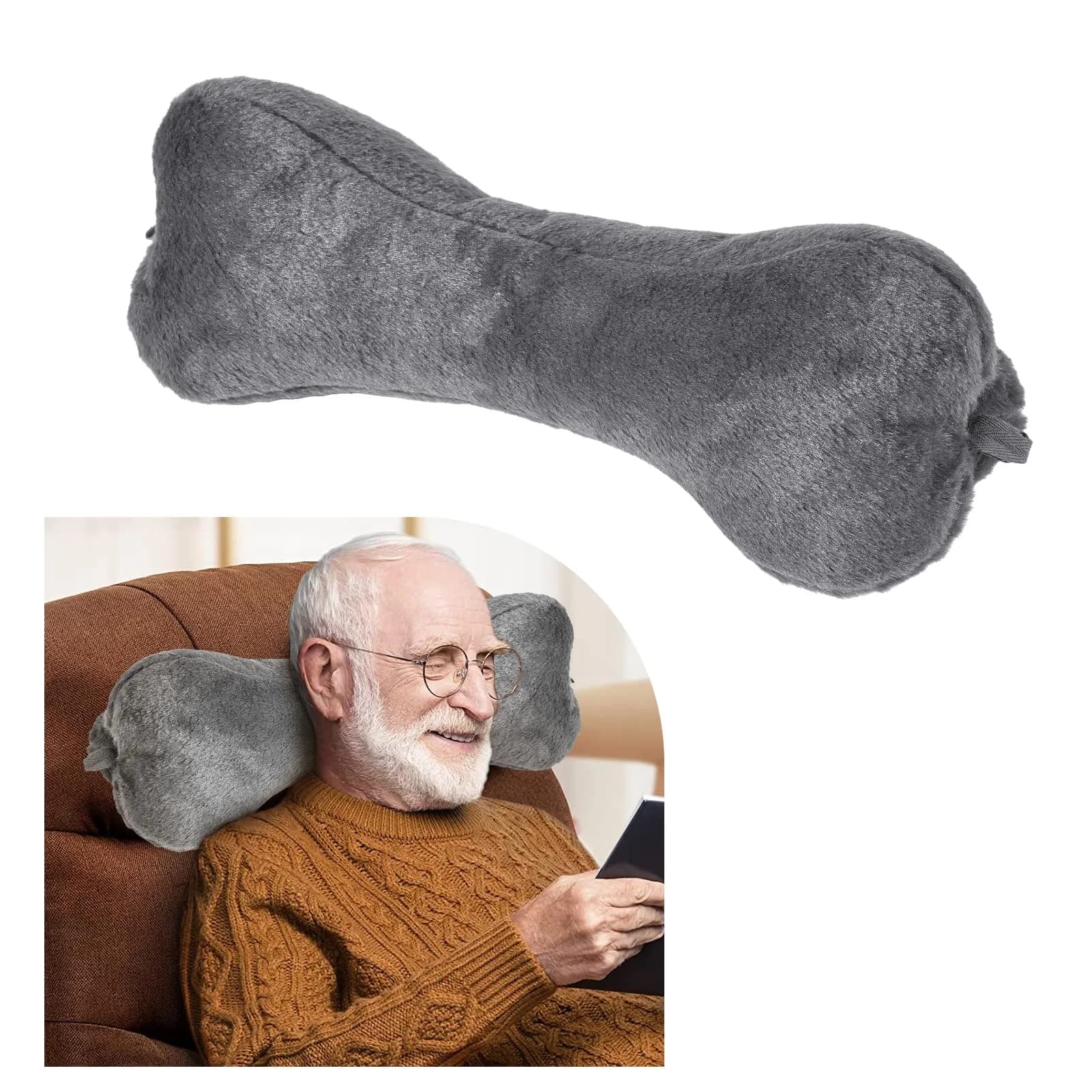 VCOMSOFT Bone Neck Pillow for Recliners & Sofas, XL 18"L x 7"D x 7"H, Brown | Adjustable Height & Lumbar Support — Dark Grey