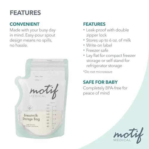 Motif Medical Breast Milk Storage Bags 6 Oz (100 Count) | Leakproof Double Zipper, Easy-Pour Spout thumbnail 5