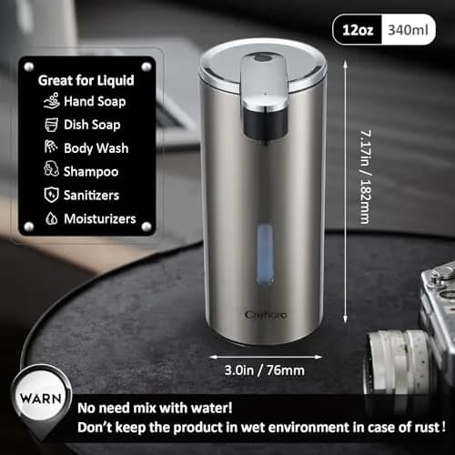 Crehora Automatic Liquid Soap Dispenser Touchless Stainless Steel 340ml (12oz) | Hygienic Hands-Free Dispensing thumbnail 4
