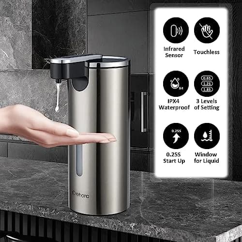 Crehora Automatic Liquid Soap Dispenser Touchless Stainless Steel 340ml (12oz) | Hygienic Hands-Free Dispensing thumbnail 2